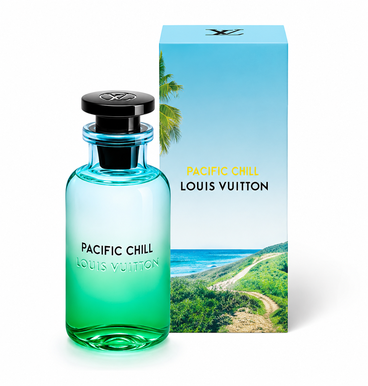 Louis Vuitton Pacific Chill perfume bottle in front of its retail box. The bottle is made of translucent turquoise glass with a black cap, and the box features a tropical beach scene with blue sky, palm tree, ocean, and green hills.
